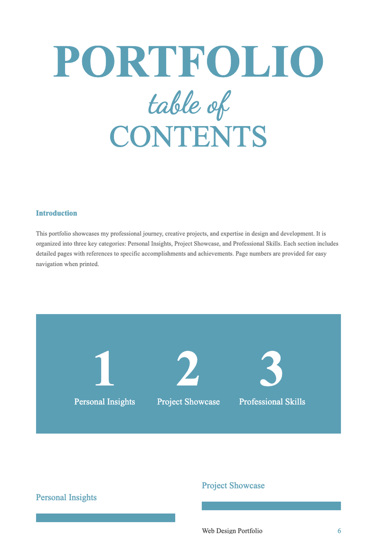 Portfolio table of contents with section counts and page numbers_variant_1